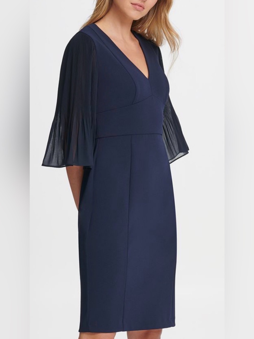 DKNY V-Neck Navy Sheath Dress with Pleated Sleeves SIZE 6